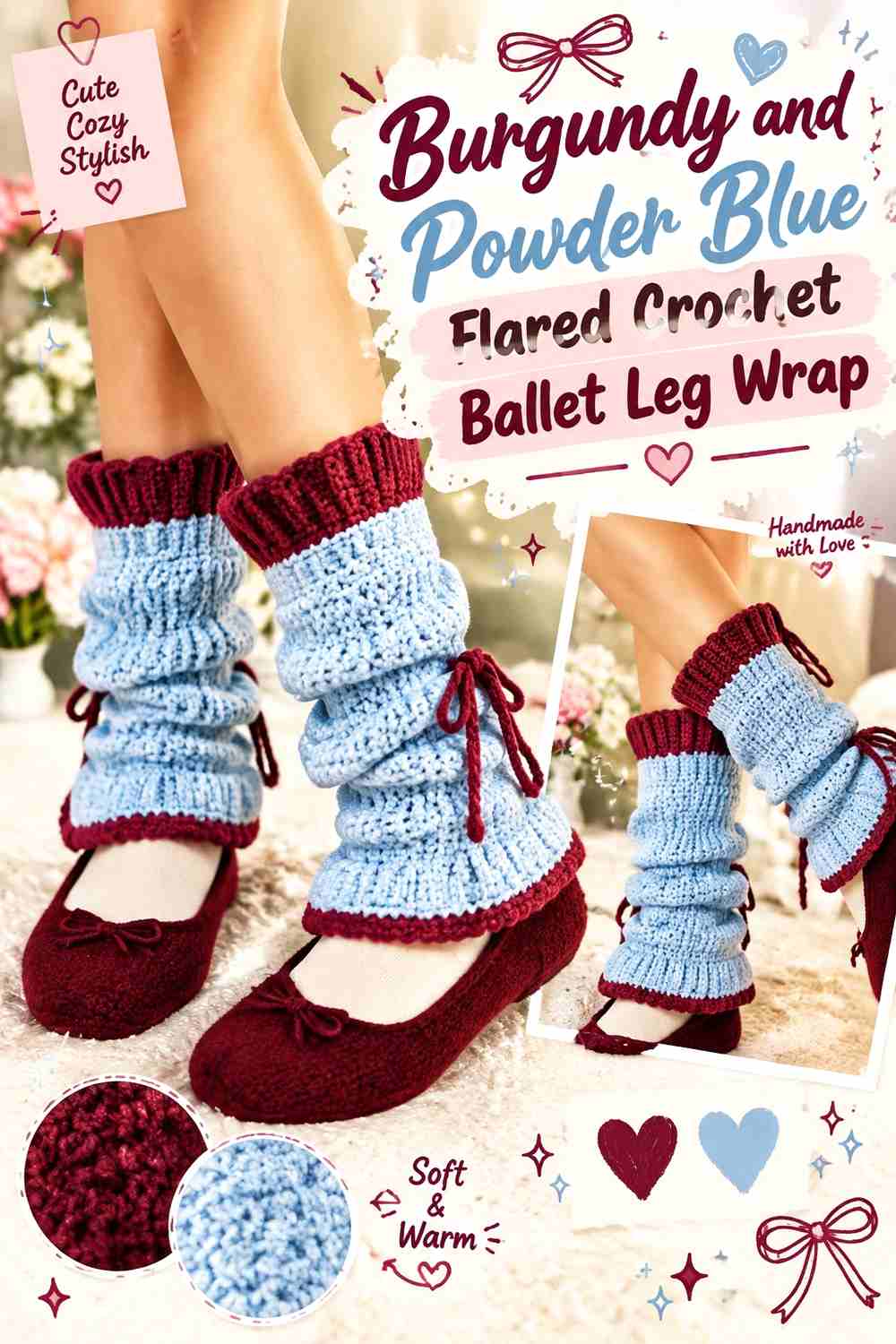 7. Burgundy And Powder Blue Flared Crochet Ballet Leg Wrap