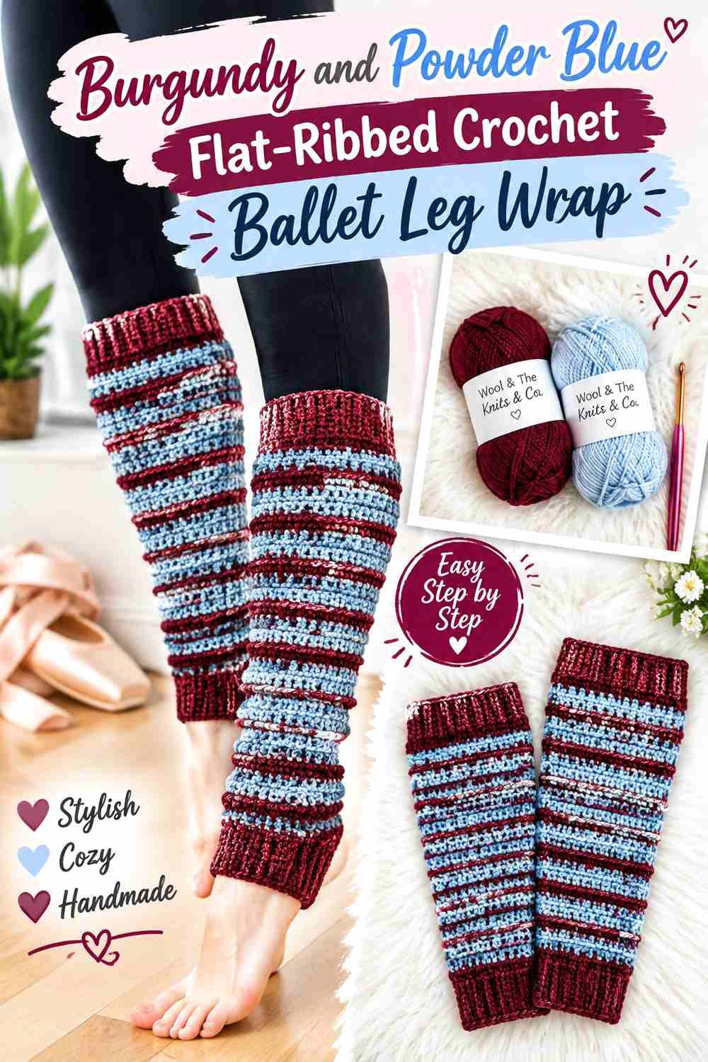 3. Burgundy And Powder Blue Flat Ribbed Crochet Ballet Leg Wrap