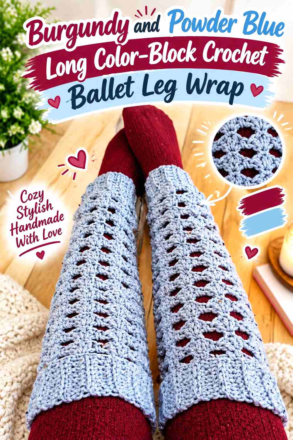14. Burgundy And Powder Blue Long Color Block Crochet Ballet Leg Wrap