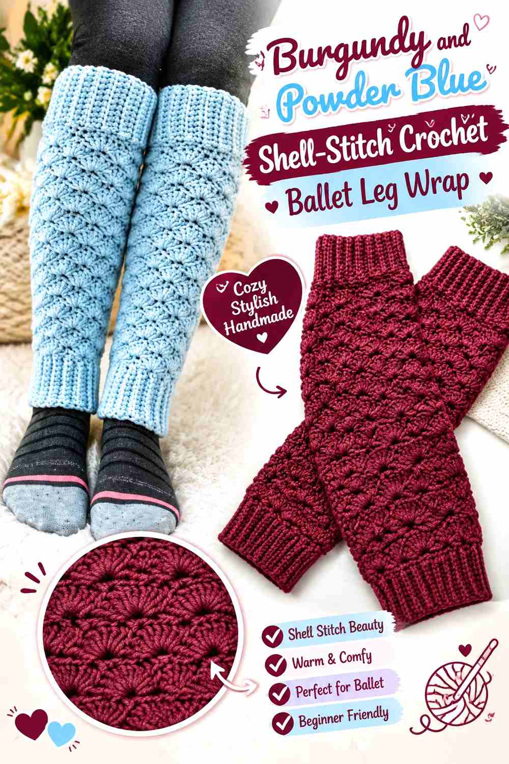 6. Burgundy And Powder Blue Shell Stitch Crochet Ballet Leg Wrap