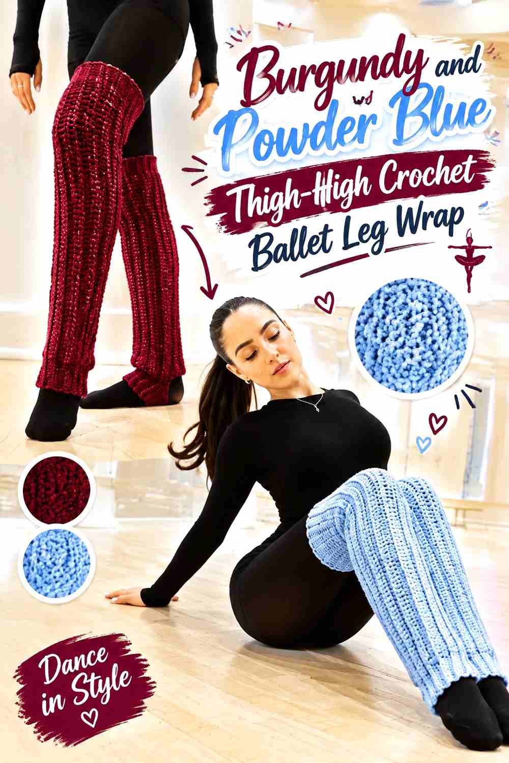 16. Burgundy And Powder Blue Thigh High Crochet Ballet Leg Wrap