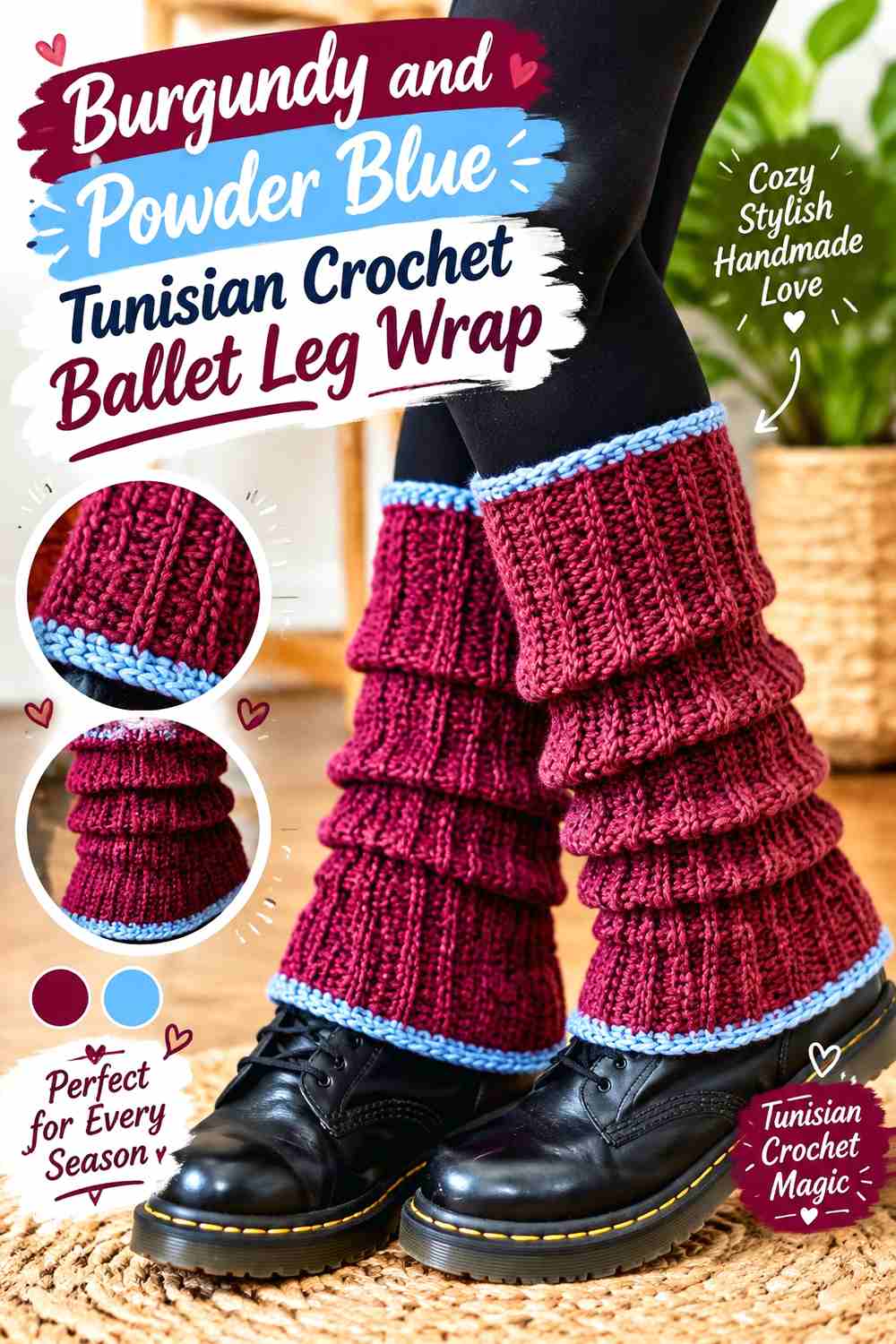 11. Burgundy And Powder Blue Tunisian Crochet Ballet Leg Wrap