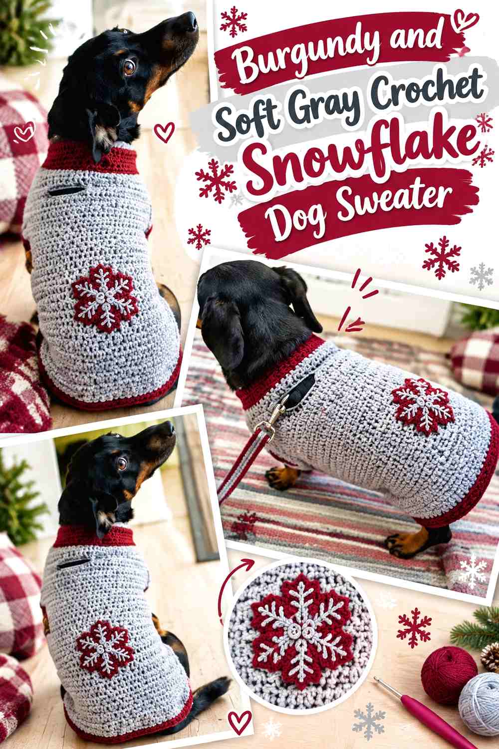 Burgundy and Soft Gray Crochet Snowflake Dog Sweater