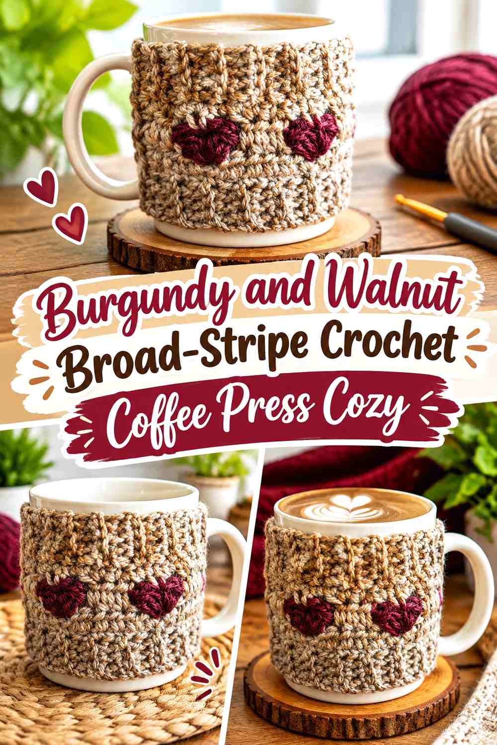 5. Burgundy And Walnut Broad Stripe Crochet Coffee Press Cozy
