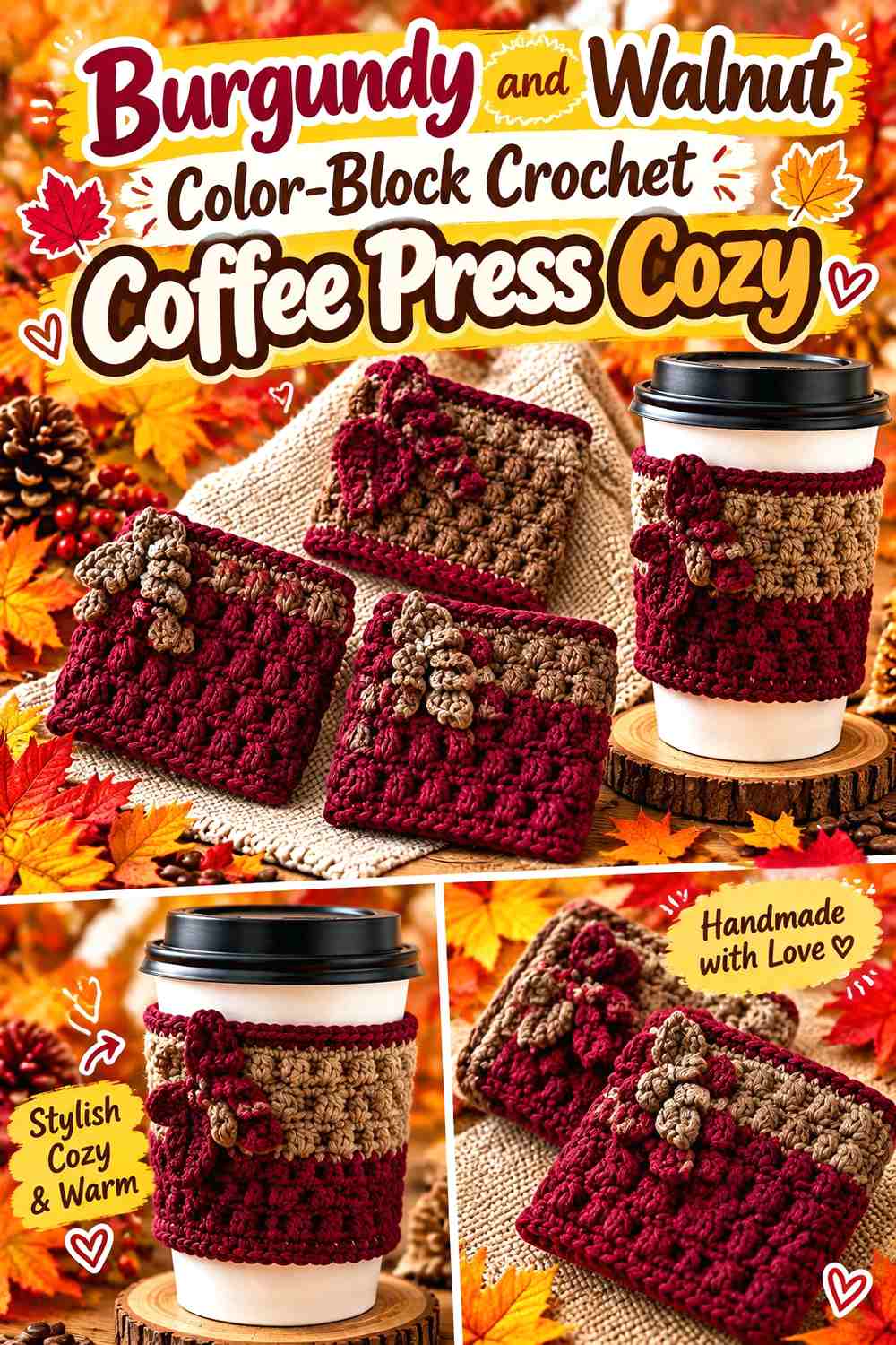15. Burgundy And Walnut Color Block Crochet Coffee Press Cozy