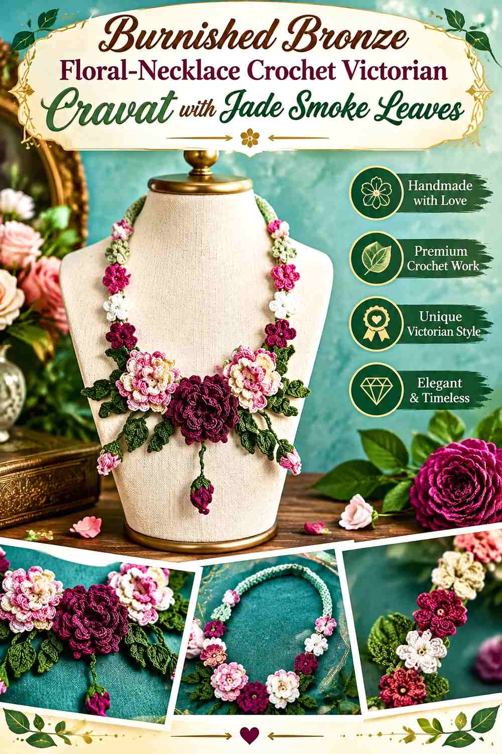 Burnished Bronze Floral-Necklace Crochet Victorian Cravat with Jade Smoke Leaves