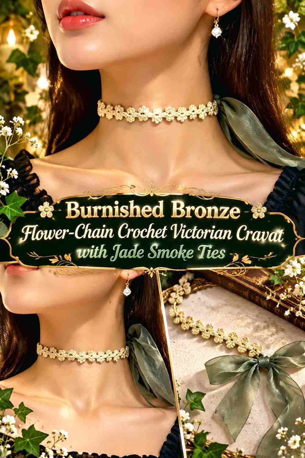 Burnished Bronze Flower-Chain Crochet Victorian Cravat with Jade Smoke Ties
