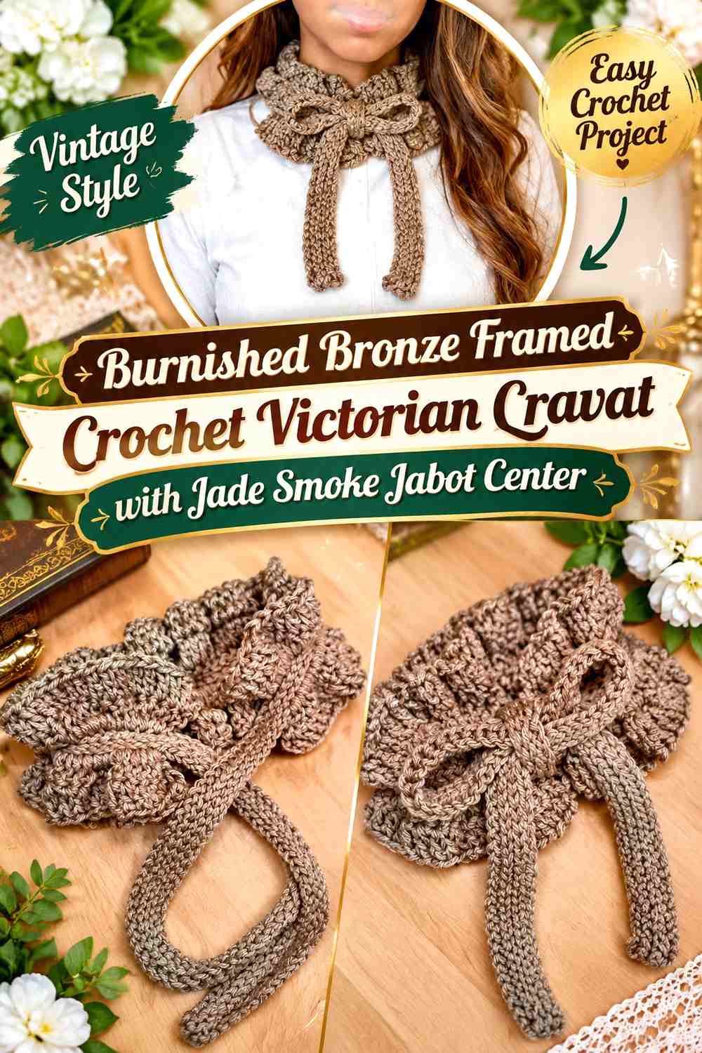 Burnished Bronze Framed Crochet Victorian Cravat with Jade Smoke Jabot Center