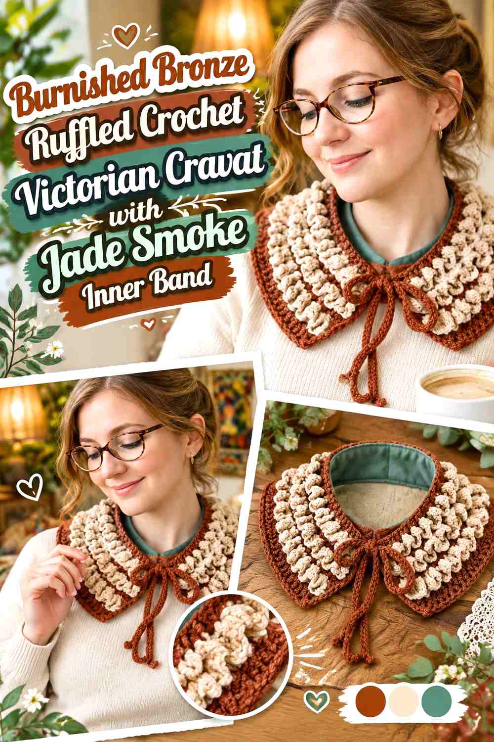 Burnished Bronze Ruffled Crochet Victorian Cravat with Jade Smoke Inner Band