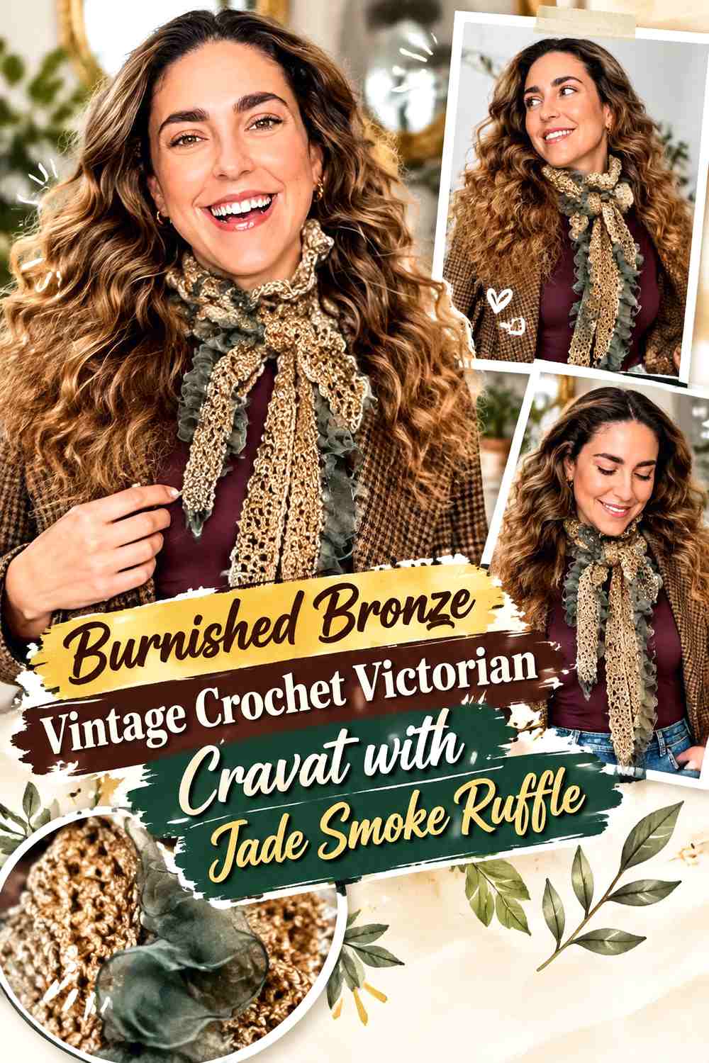 Burnished Bronze Vintage Crochet Victorian Cravat with Jade Smoke Ruffle