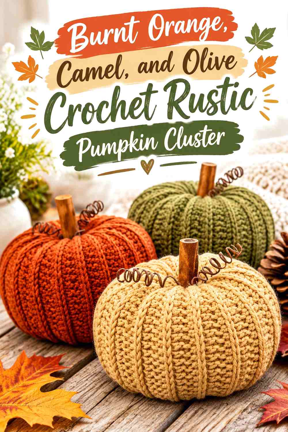 Burnt Orange, Camel, and Olive Crochet Rustic Pumpkin Cluster