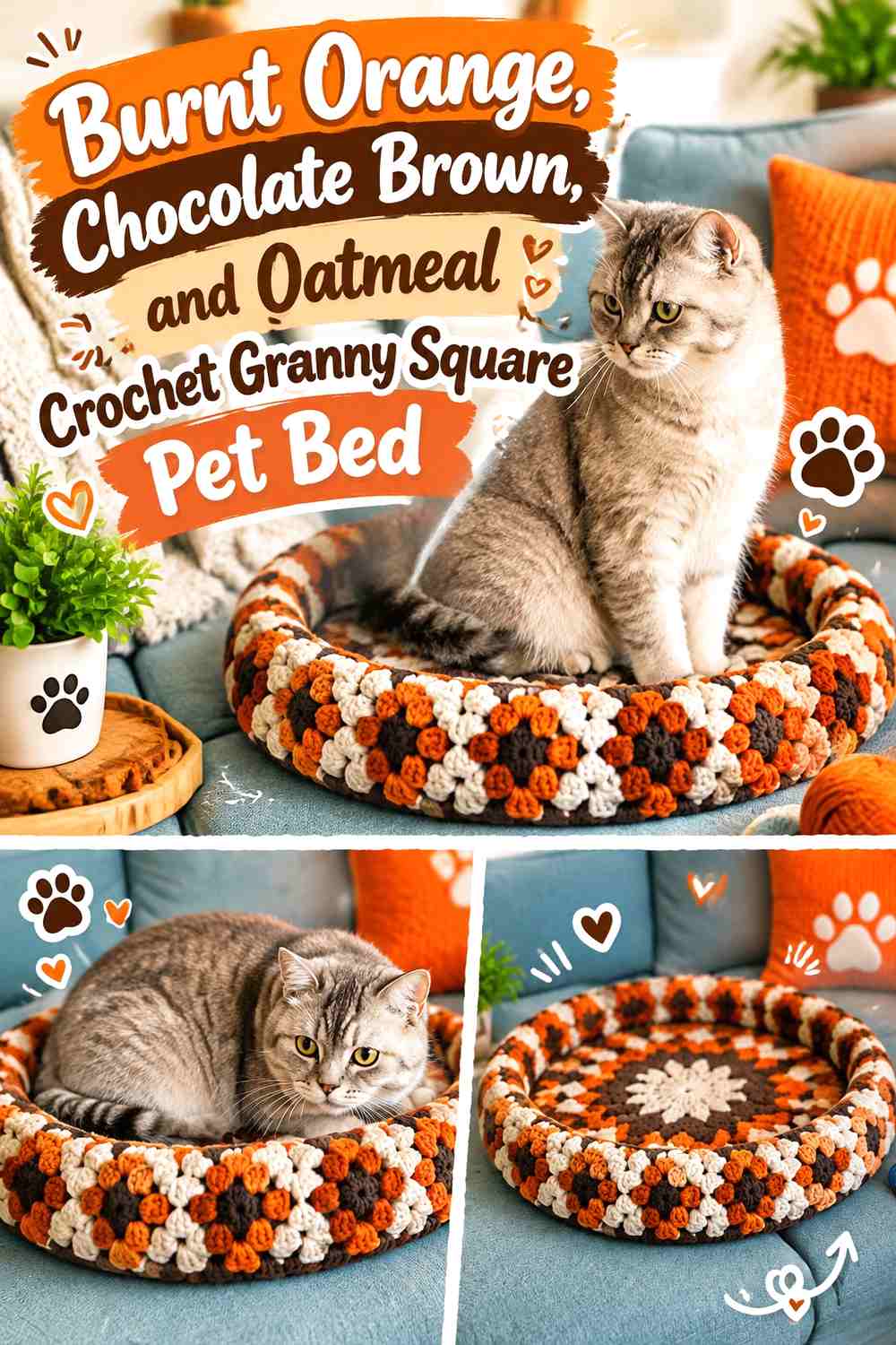 Burnt Orange, Chocolate Brown, and Oatmeal Crochet Granny Square Pet Bed
