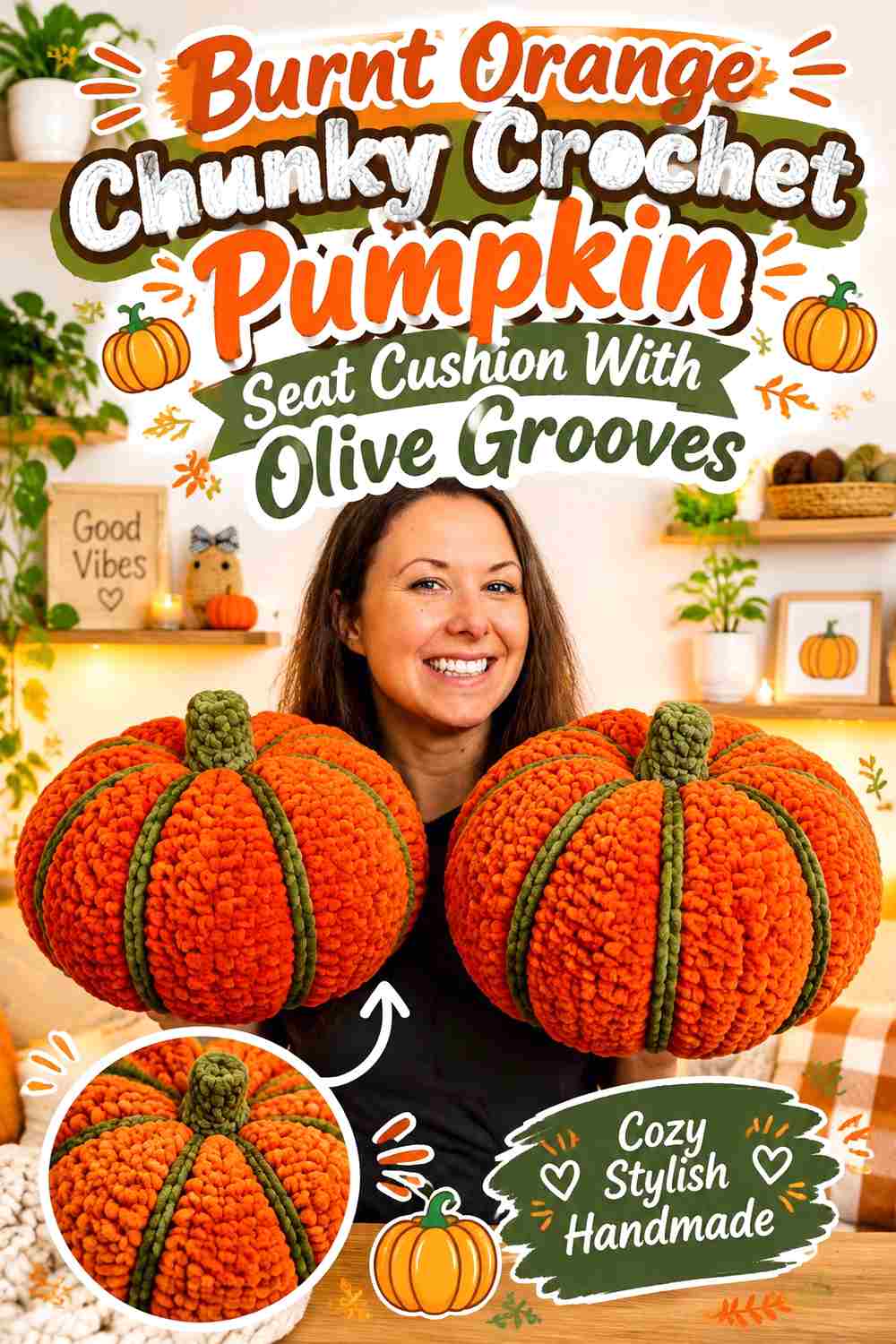 2. Burnt Orange Chunky Crochet Pumpkin Seat Cushion With Olive Grooves