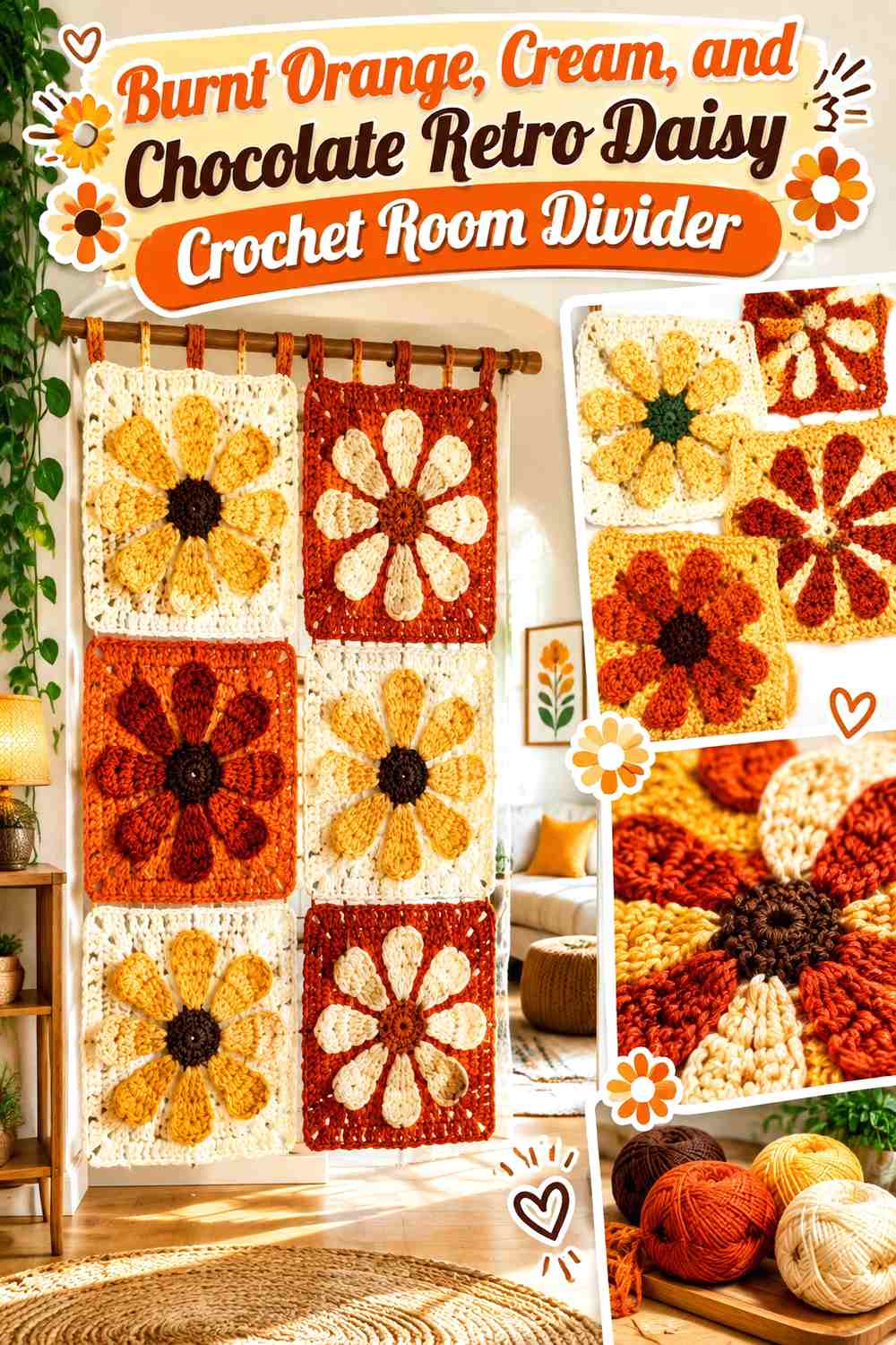 Burnt Orange, Cream, and Chocolate Retro Daisy Crochet Room Divider