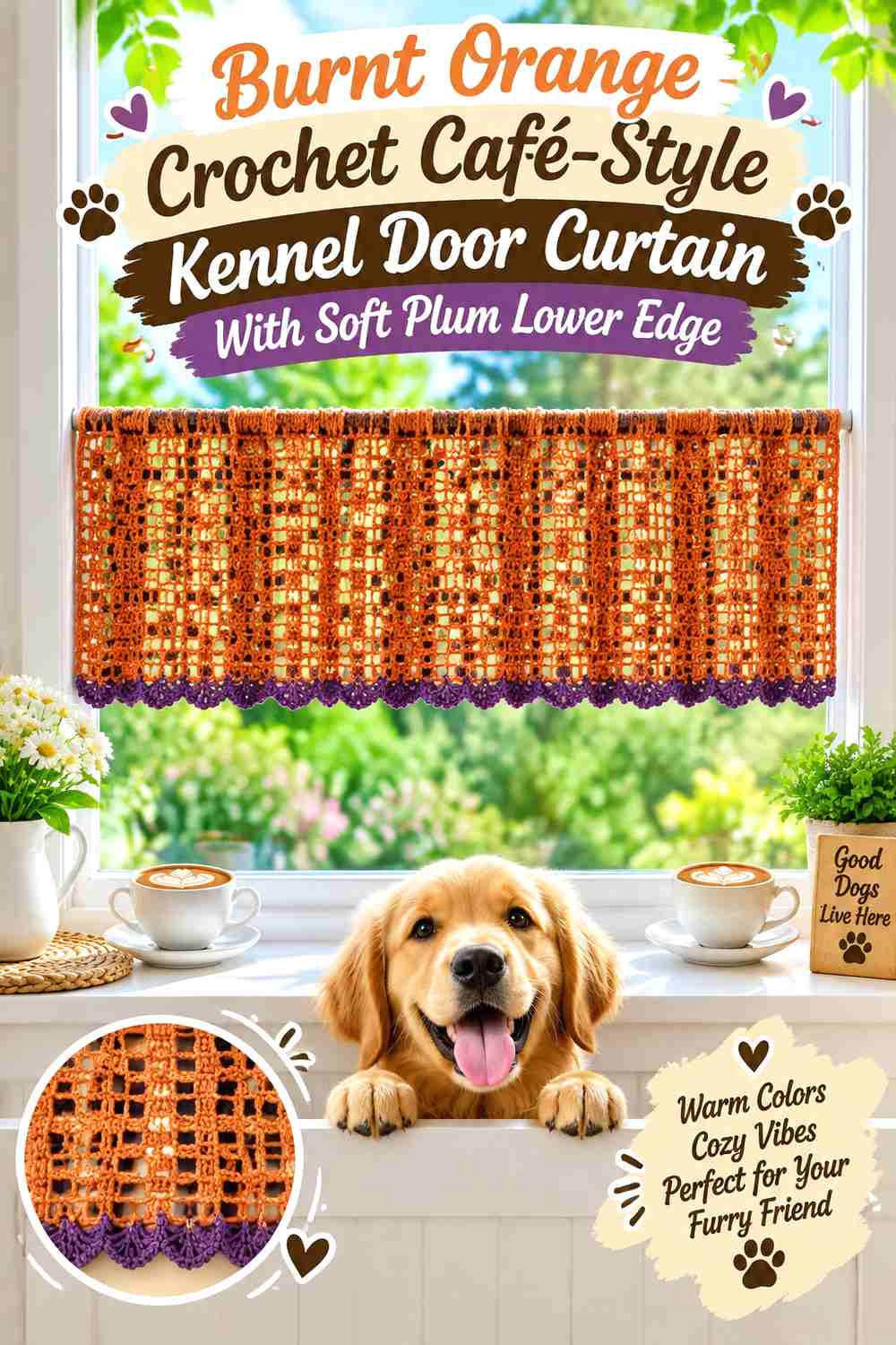 Burnt Orange Crochet Café-Style Kennel Door Curtain With Soft Plum Lower Edge