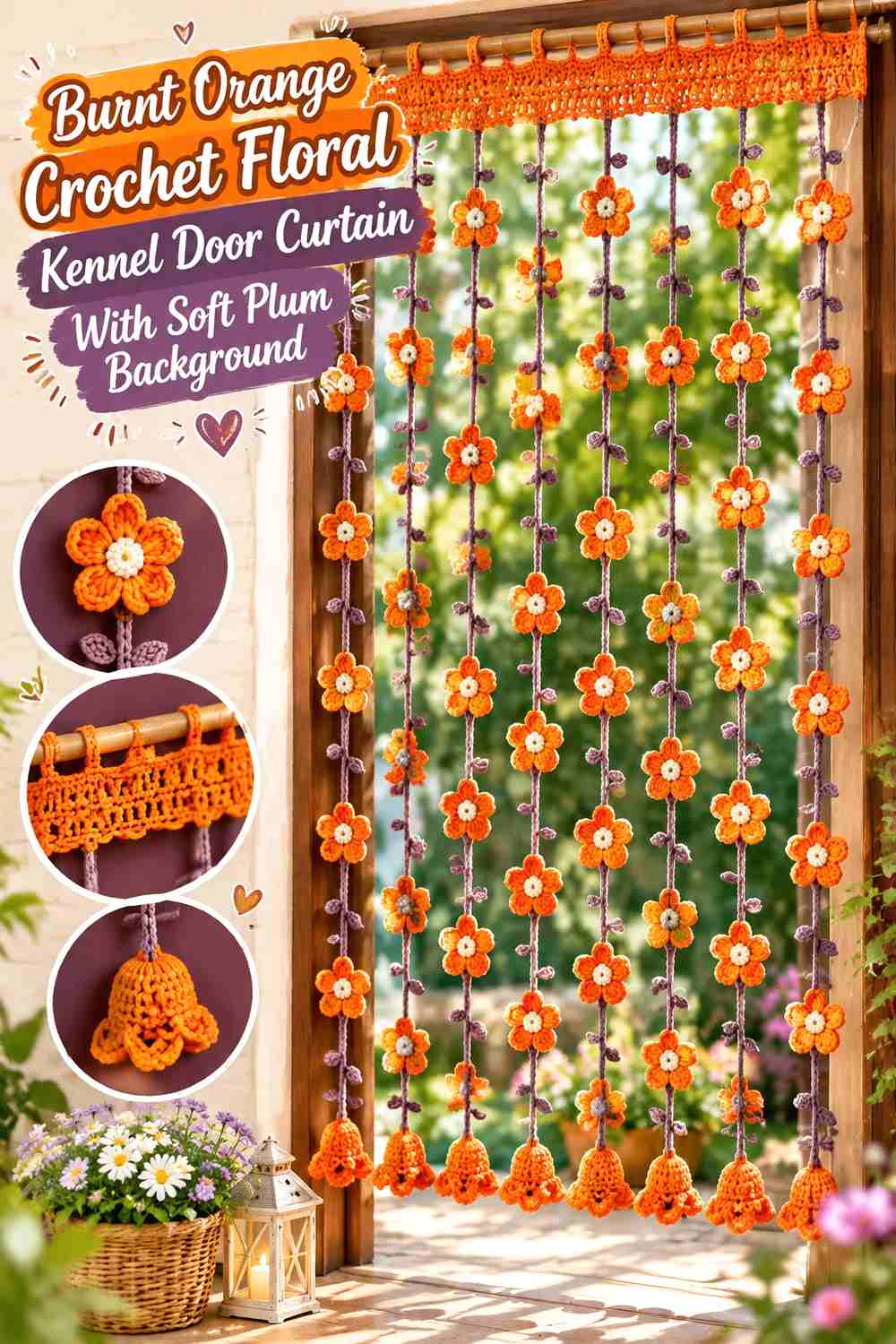 Burnt Orange Crochet Floral Kennel Door Curtain With Soft Plum Background