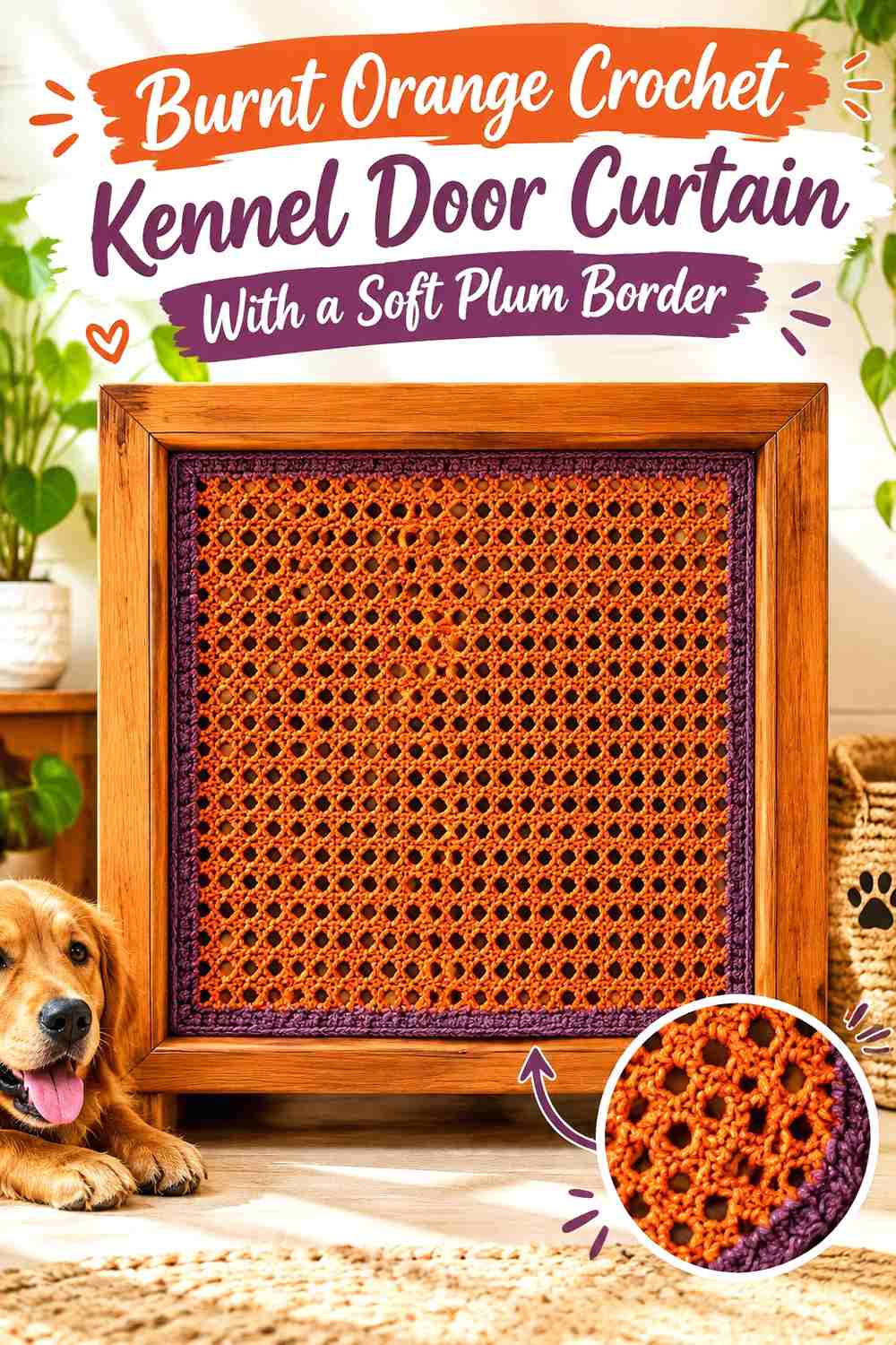 Burnt Orange Crochet Kennel Door Curtain With a Soft Plum Border
