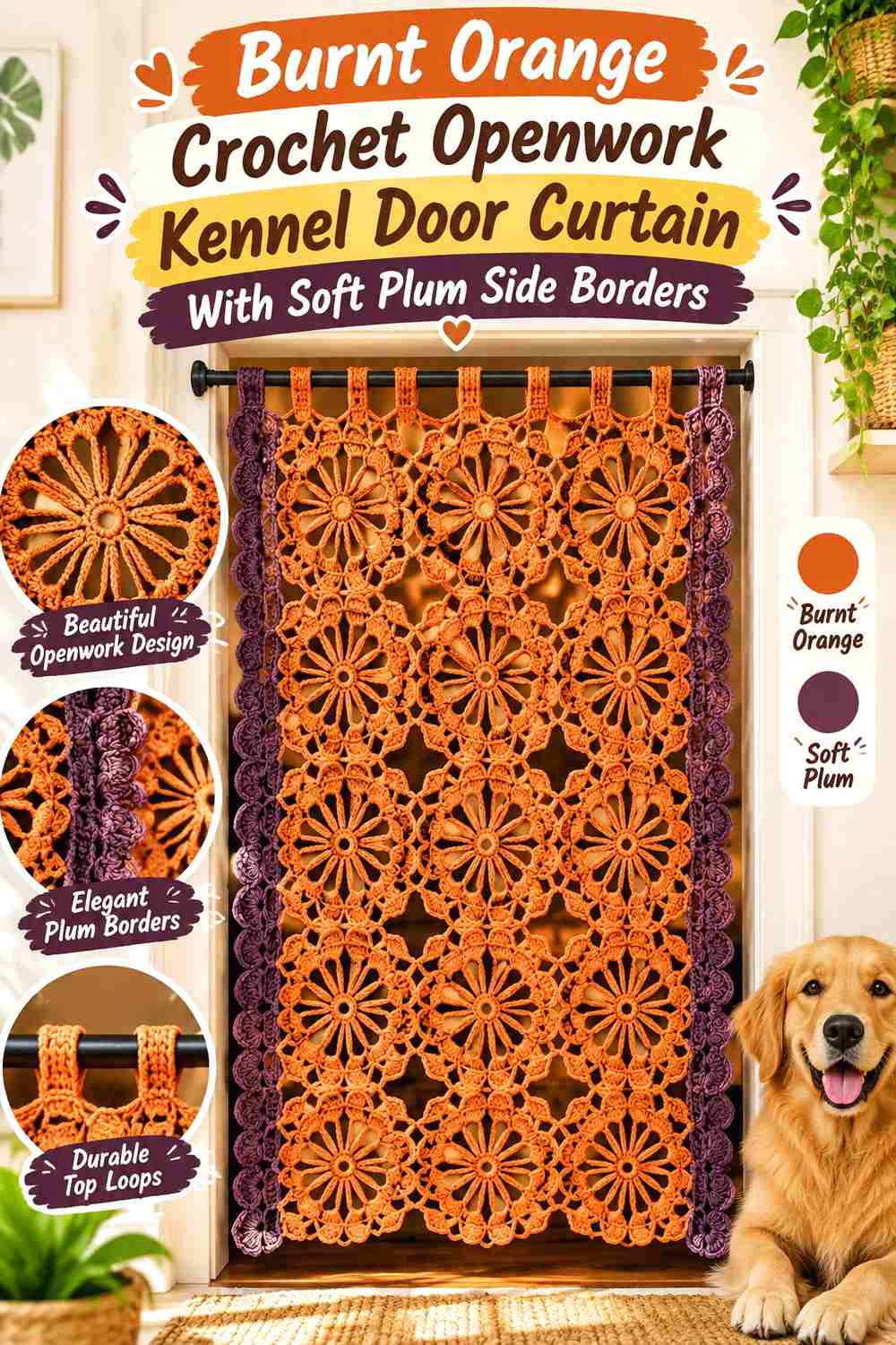 Burnt Orange Crochet Openwork Kennel Door Curtain With Soft Plum Side Borders