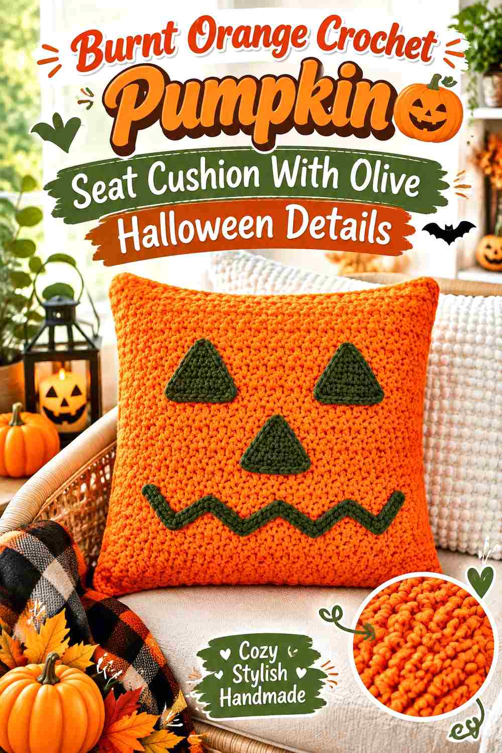 5. Burnt Orange Crochet Pumpkin Seat Cushion With Olive Halloween Details