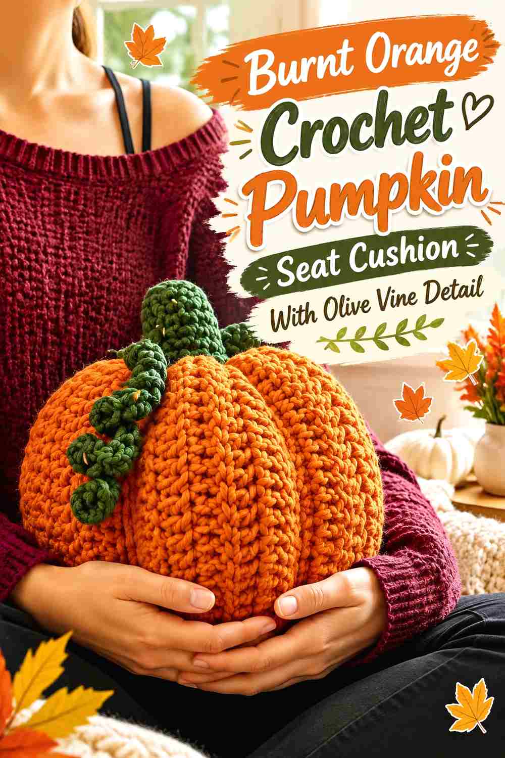 12. Burnt Orange Crochet Pumpkin Seat Cushion With Olive Vine Detail