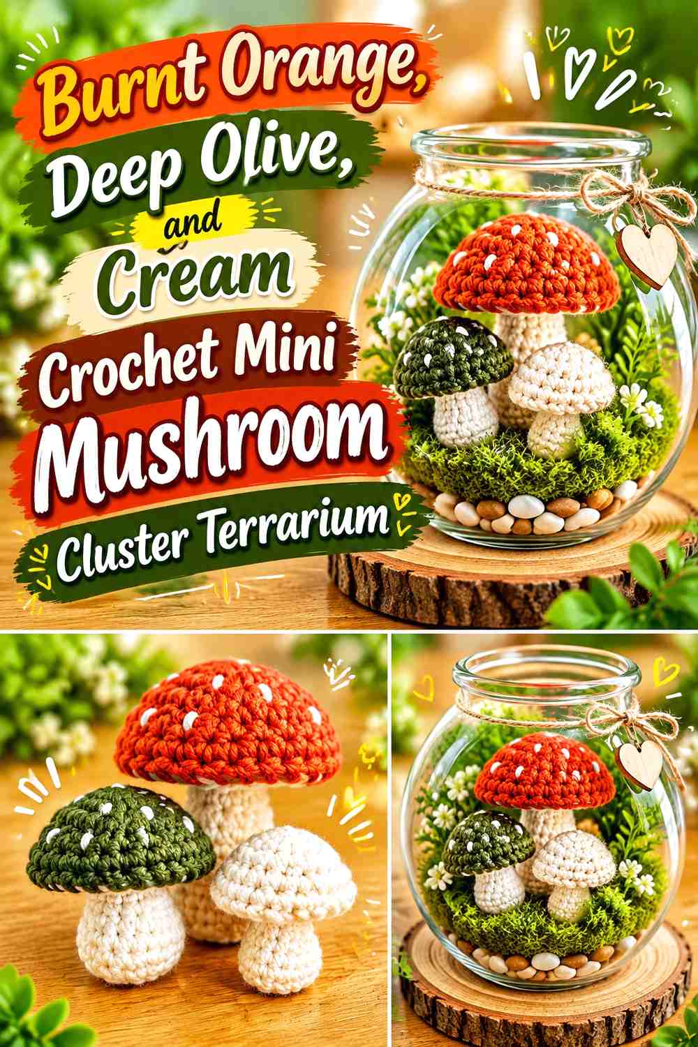Burnt Orange, Deep Olive, and Cream Crochet Mini Mushroom Cluster Terrarium