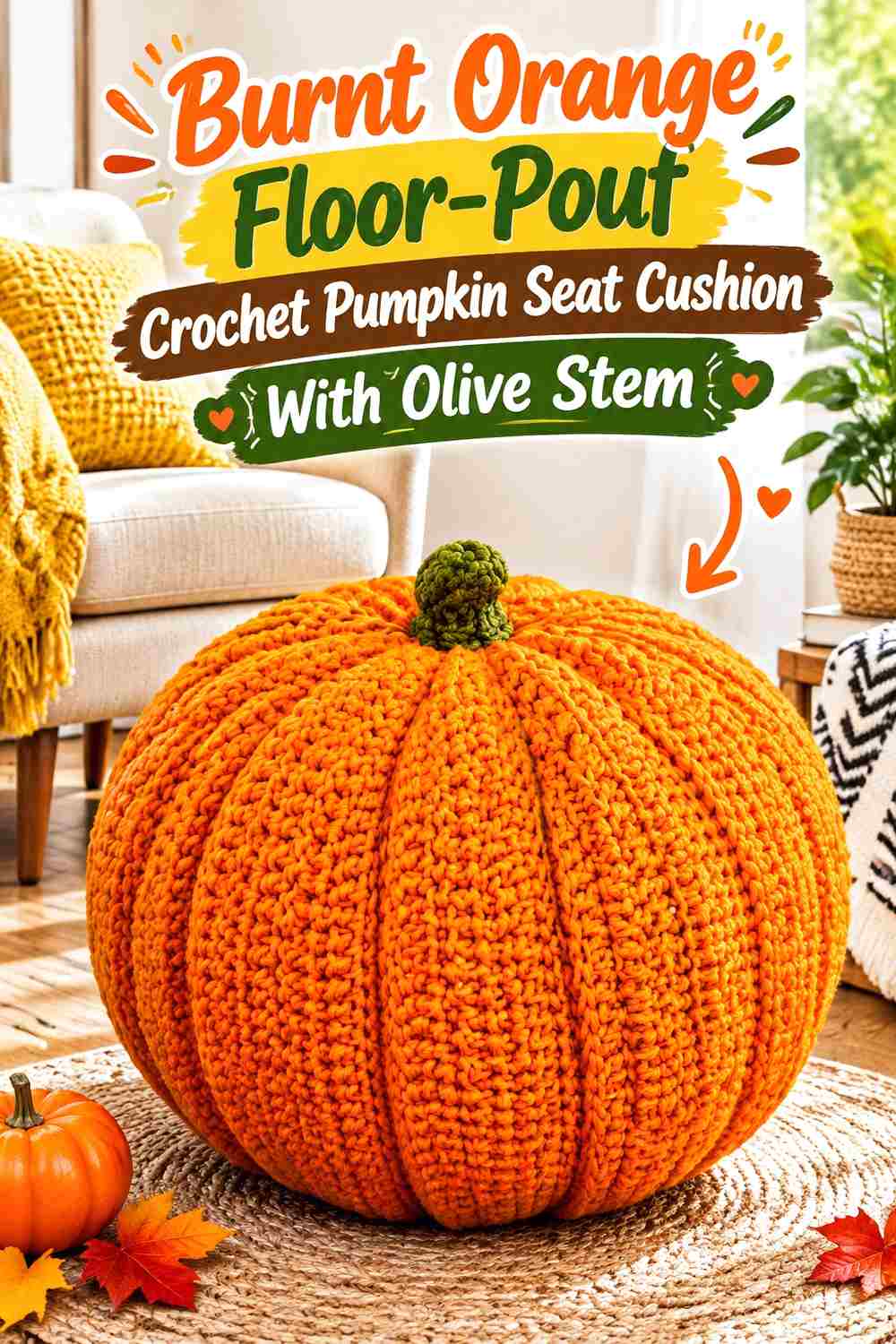 15. Burnt Orange Floor Pouf Crochet Pumpkin Seat Cushion With Olive Stem