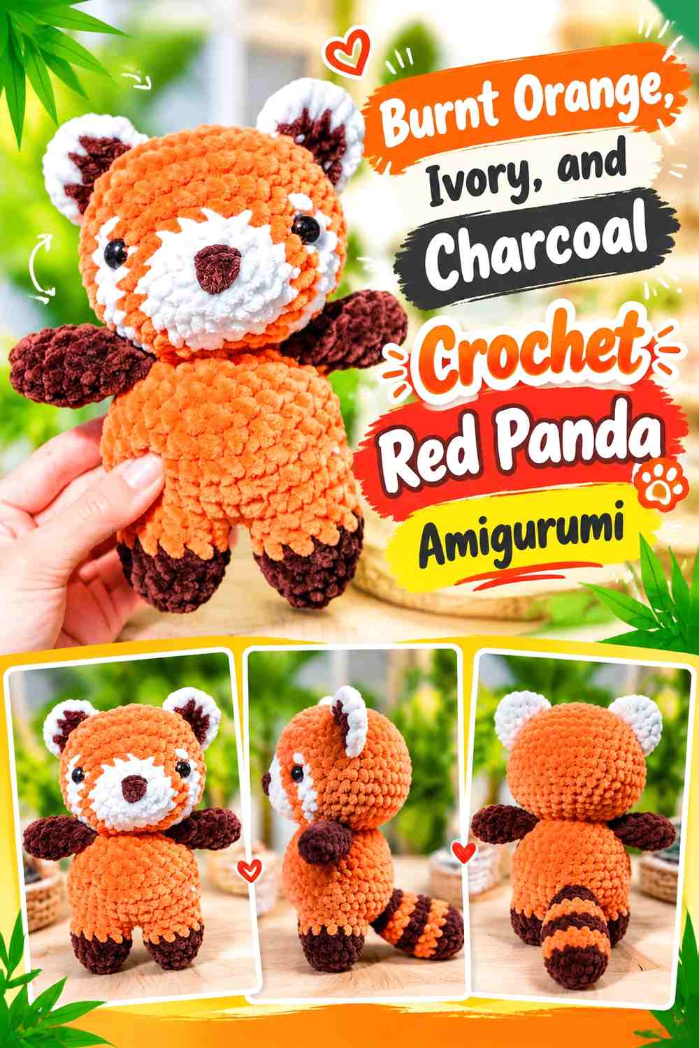 Burnt Orange, Ivory, and Charcoal Crochet Red Panda Amigurumi