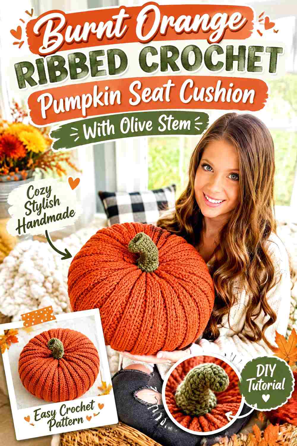 1. Burnt Orange Ribbed Crochet Pumpkin Seat Cushion With Olive Stem