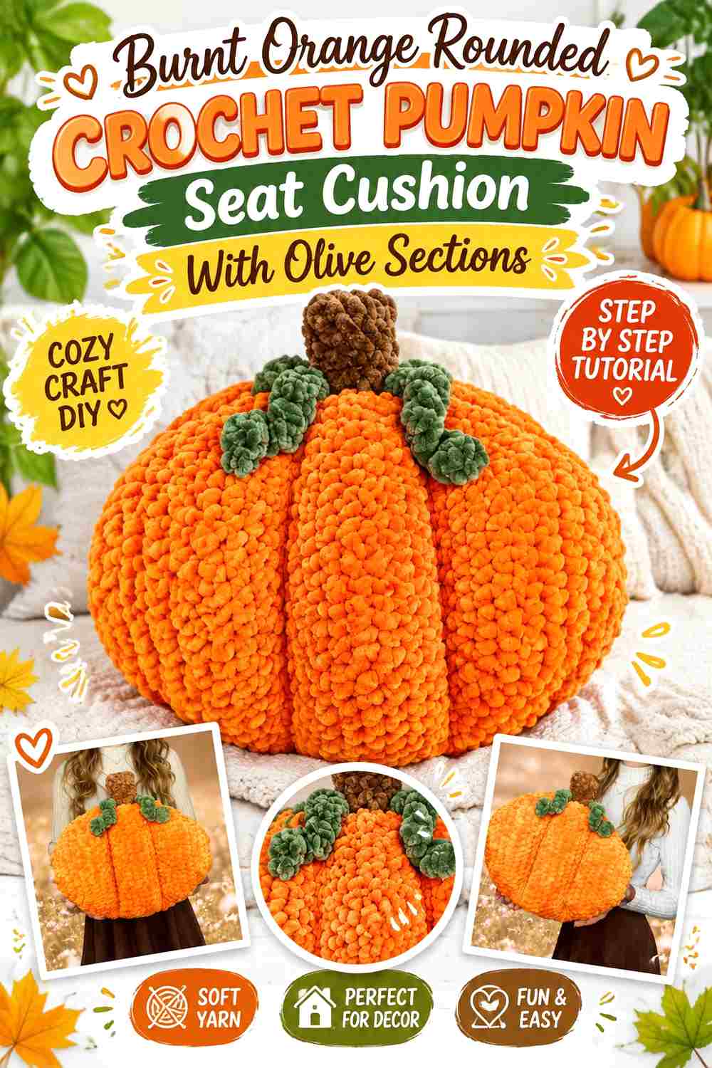 6. Burnt Orange Rounded Crochet Pumpkin Seat Cushion With Olive Sections