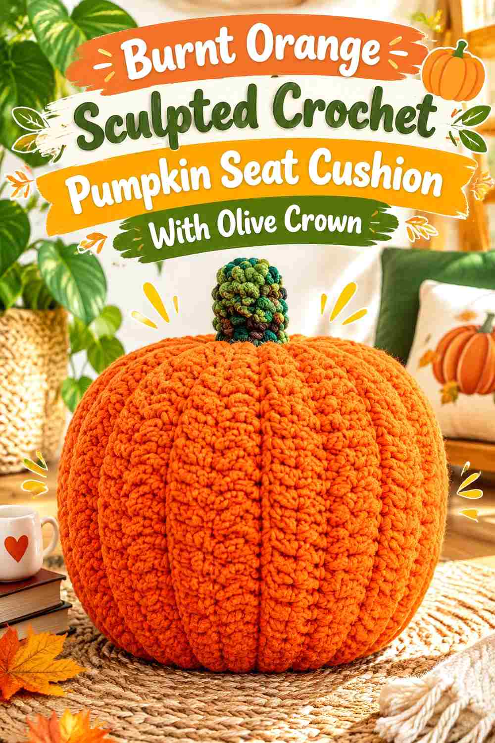 8. Burnt Orange Sculpted Crochet Pumpkin Seat Cushion With Olive Crown