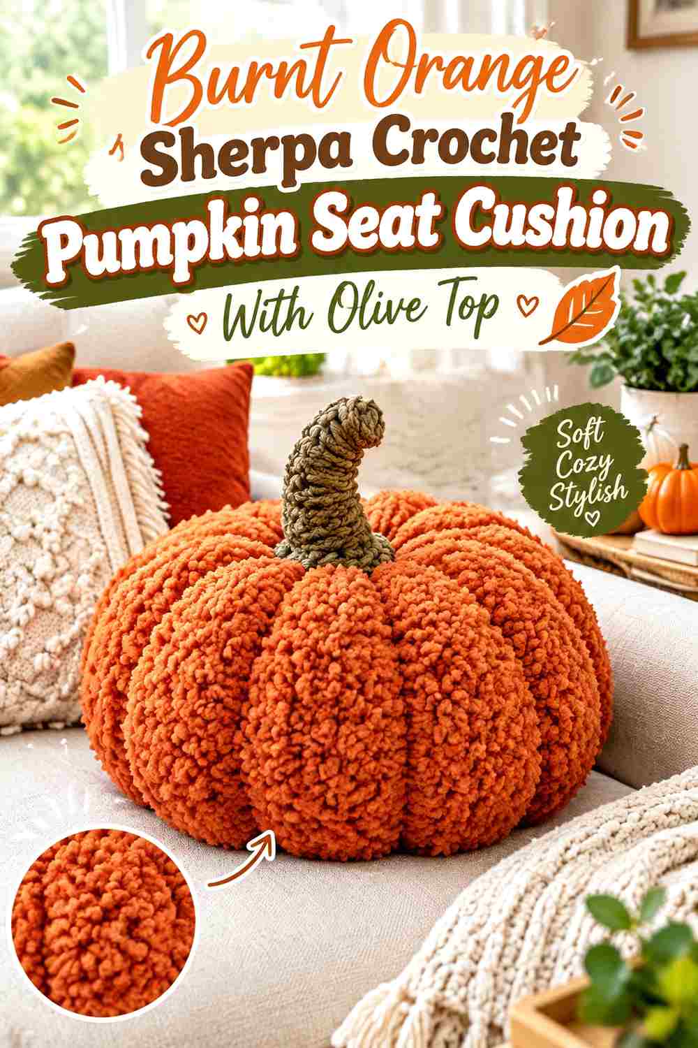 9. Burnt Orange Sherpa Crochet Pumpkin Seat Cushion With Olive Top