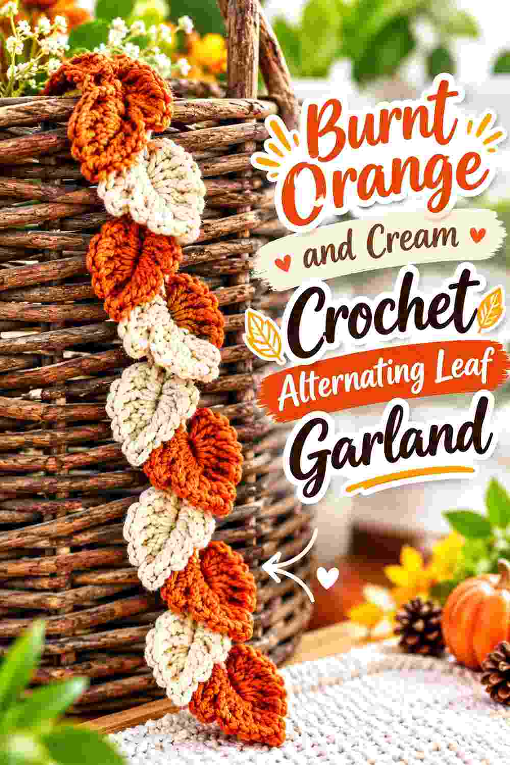 4. Burnt Orange And Cream Crochet Alternating Leaf Garland