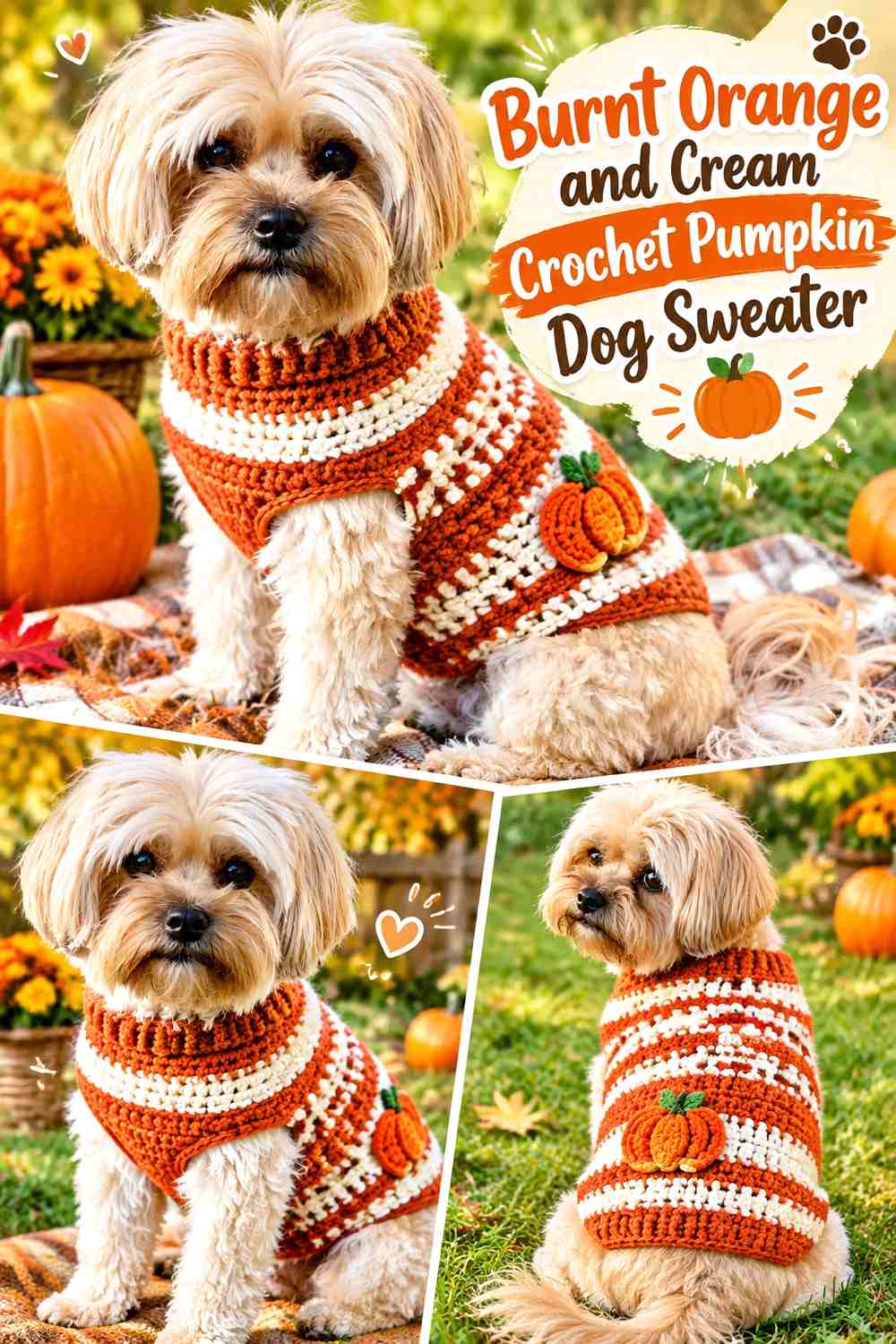 Burnt Orange and Cream Crochet Pumpkin Dog Sweater