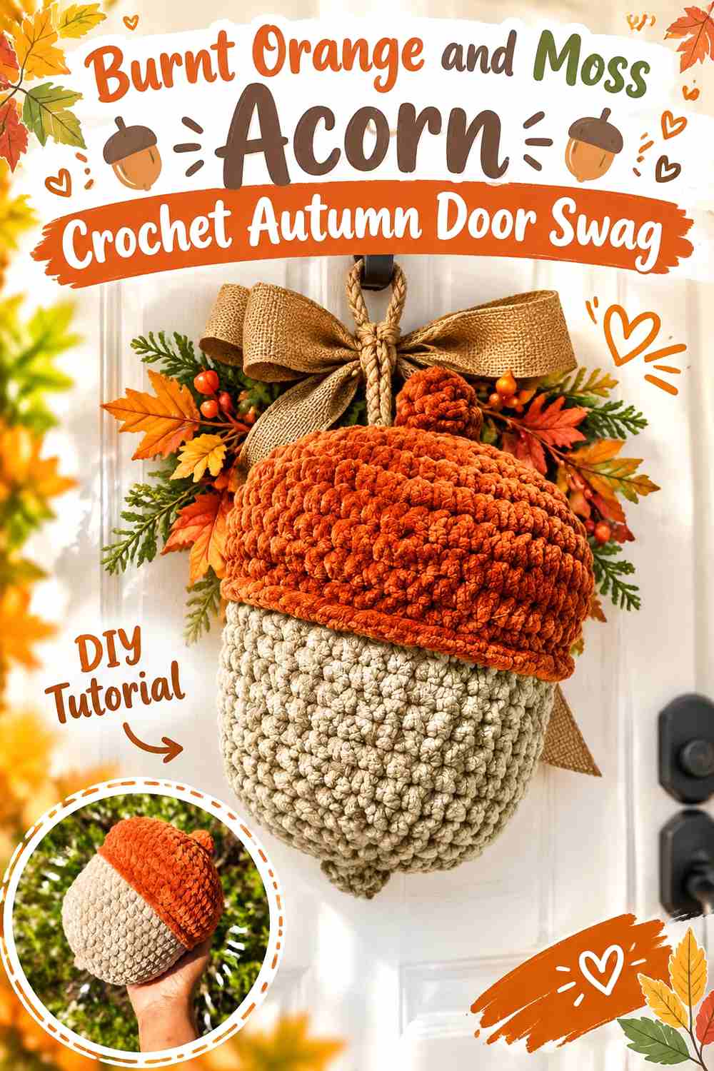 14. Burnt Orange And Moss Acorn Crochet Autumn Door Swag