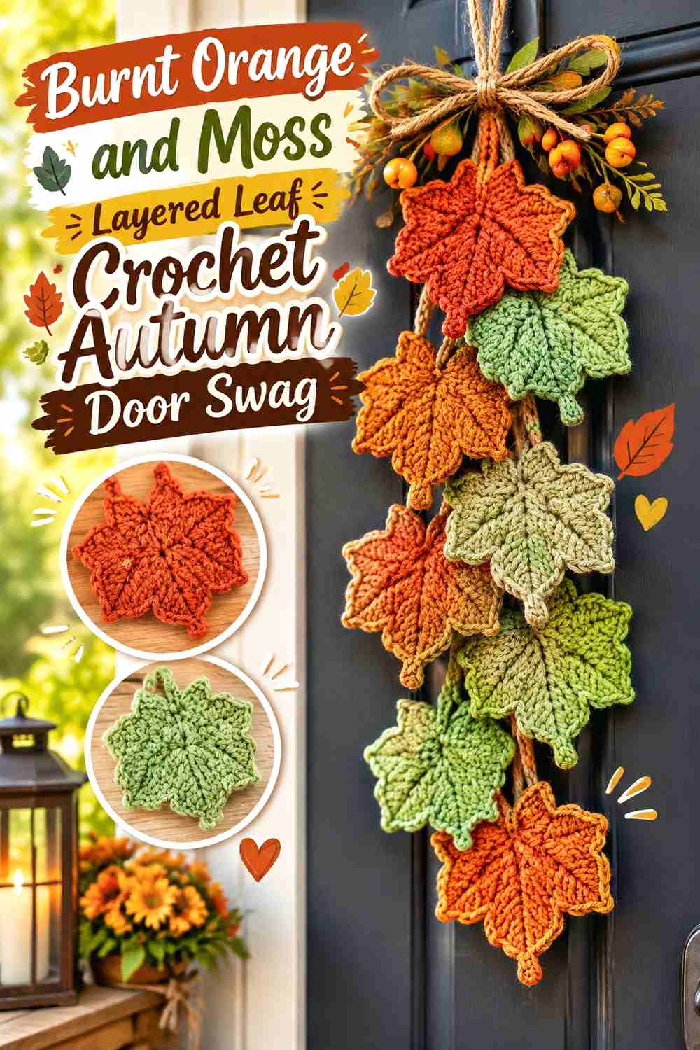 10. Burnt Orange And Moss Layered Leaf Crochet Autumn Door Swag