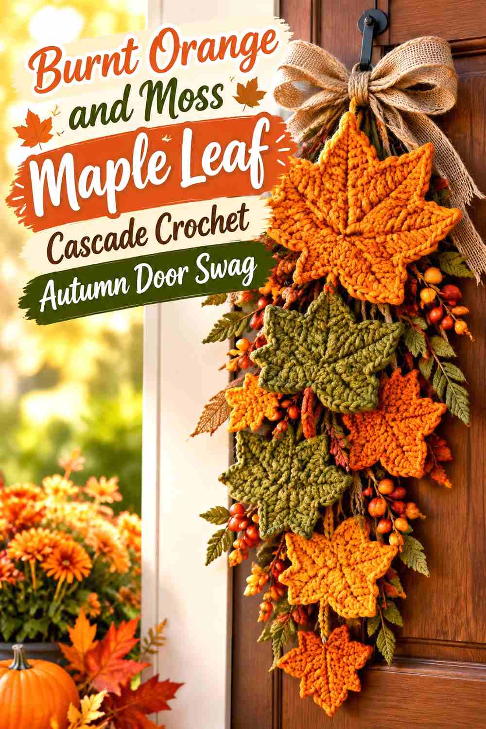 2. Burnt Orange And Moss Maple Leaf Cascade Crochet Autumn Door Swag