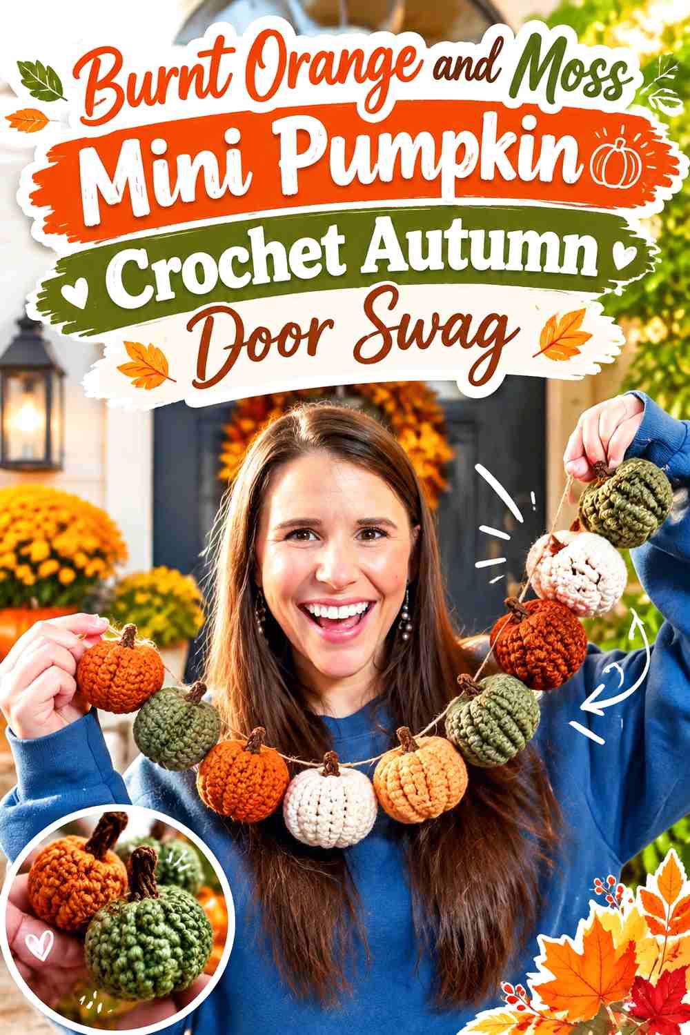 4. Burnt Orange And Moss Mini Pumpkin Crochet Autumn Door Swag