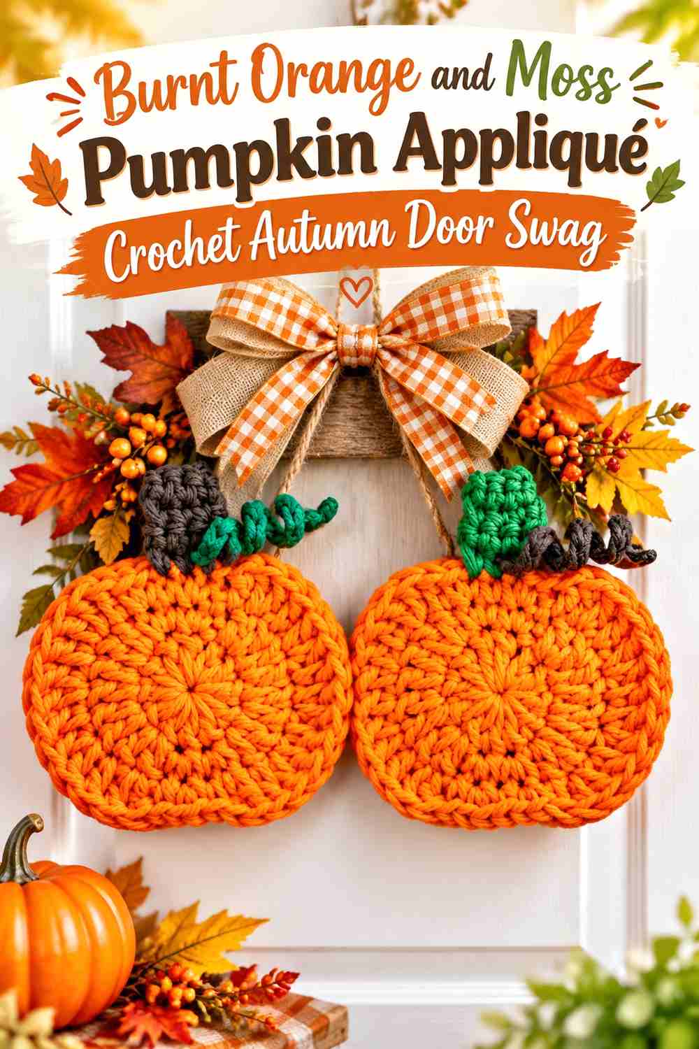 8. Burnt Orange And Moss Pumpkin Applique Crochet Autumn Door Swag