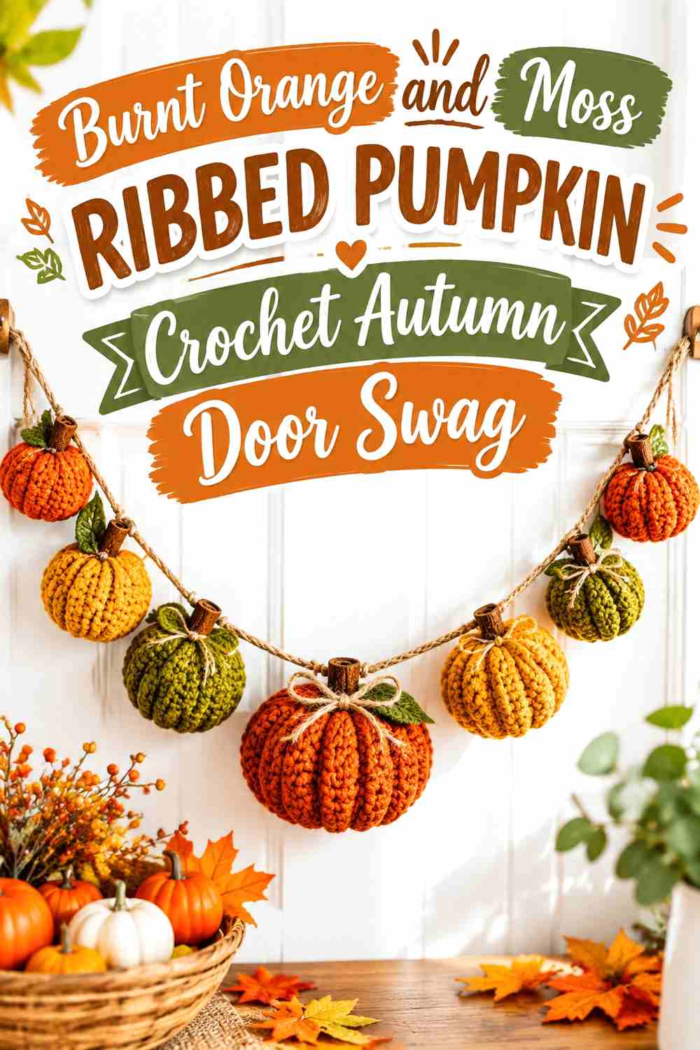 12. Burnt Orange And Moss Ribbed Pumpkin Crochet Autumn Door Swag
