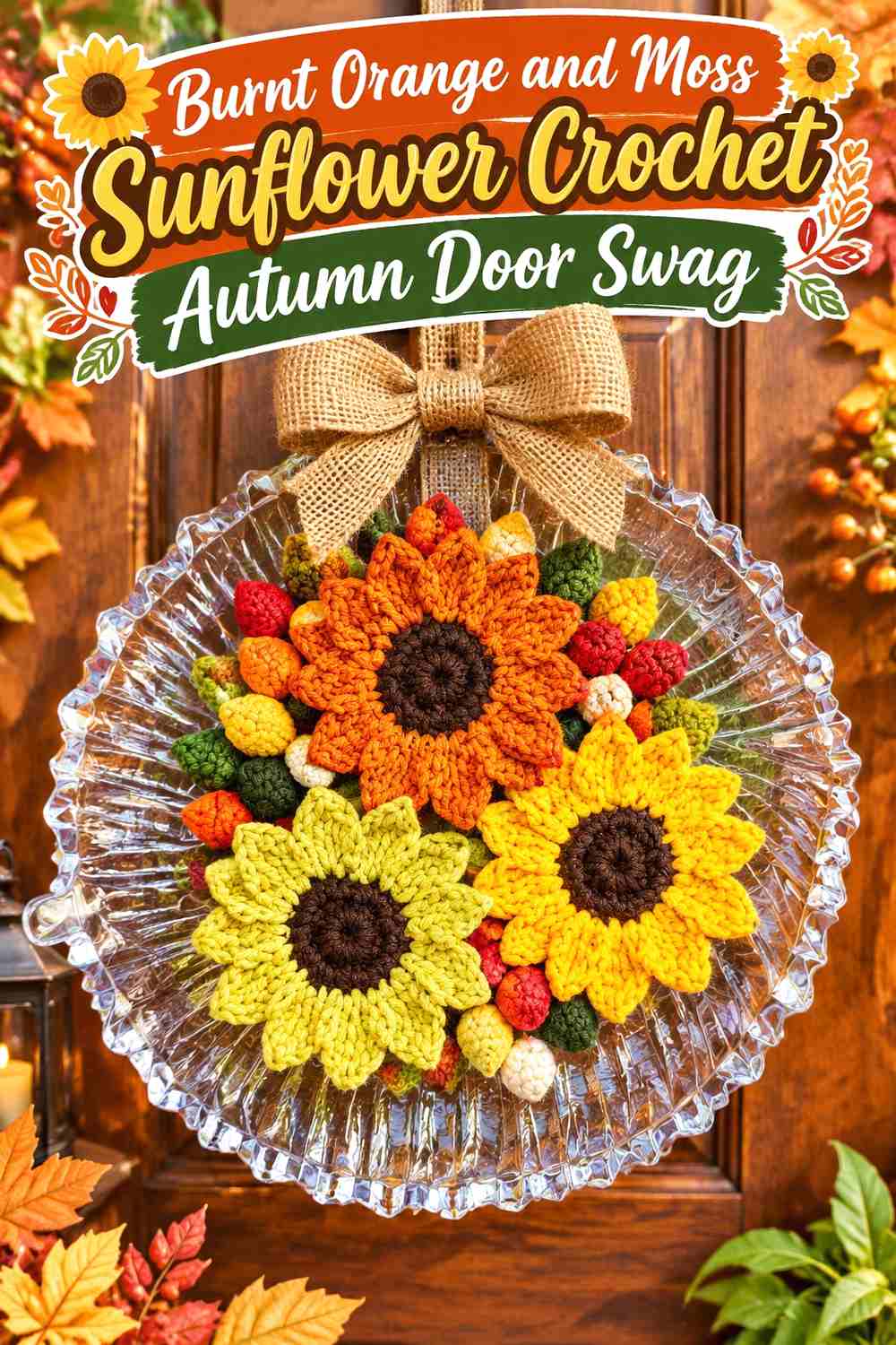 6. Burnt Orange And Moss Sunflower Crochet Autumn Door Swag