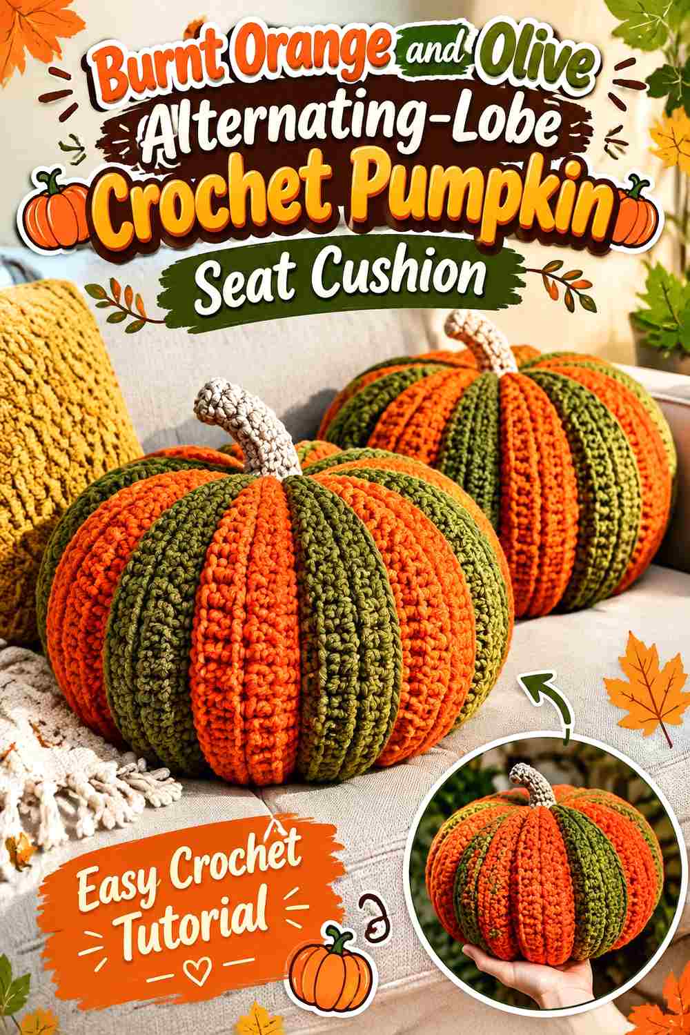14. Burnt Orange And Olive Alternating Lobe Crochet Pumpkin Seat Cushion