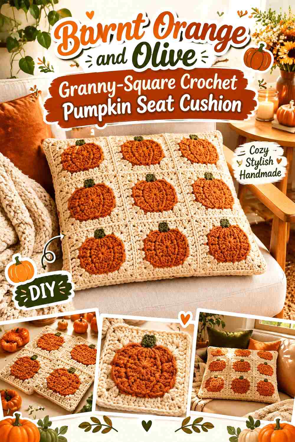 11. Burnt Orange And Olive Granny Square Crochet Pumpkin Seat Cushion