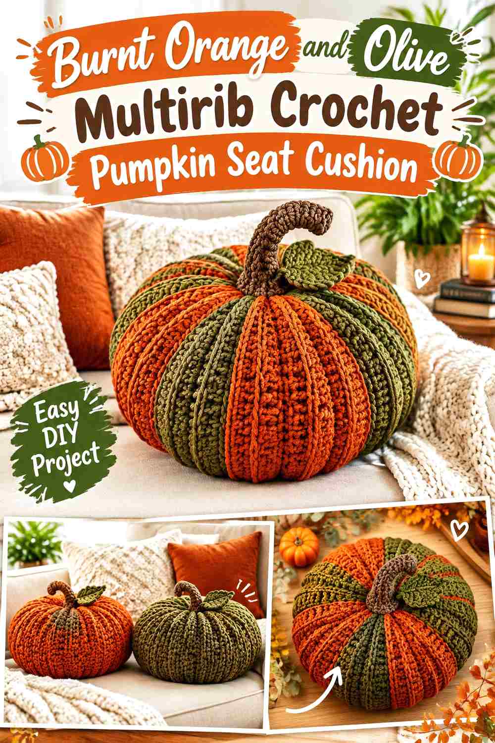 16. Burnt Orange And Olive Multirib Crochet Pumpkin Seat Cushion