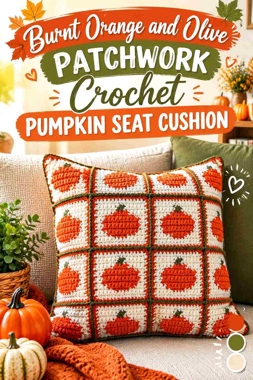 4. Burnt Orange And Olive Patchwork Crochet Pumpkin Seat Cushion