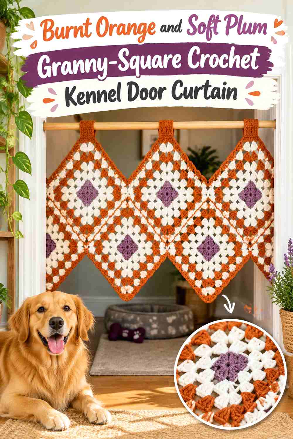 Burnt Orange and Soft Plum Granny-Square Crochet Kennel Door Curtain