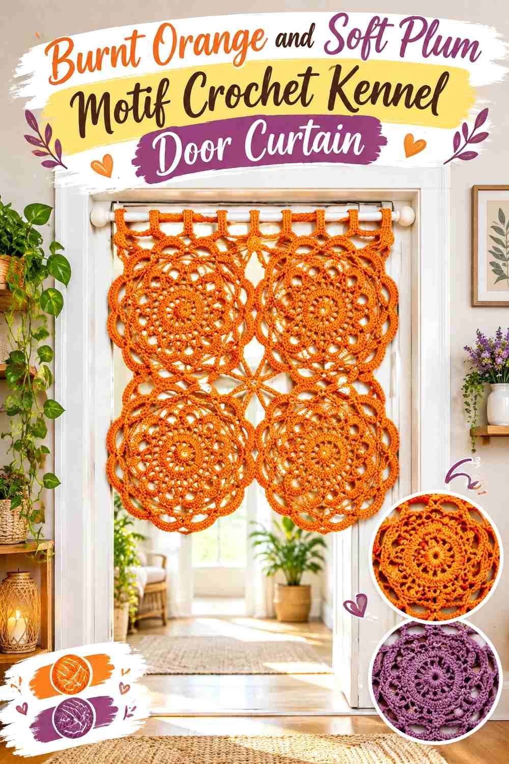 Burnt Orange and Soft Plum Motif Crochet Kennel Door Curtain
