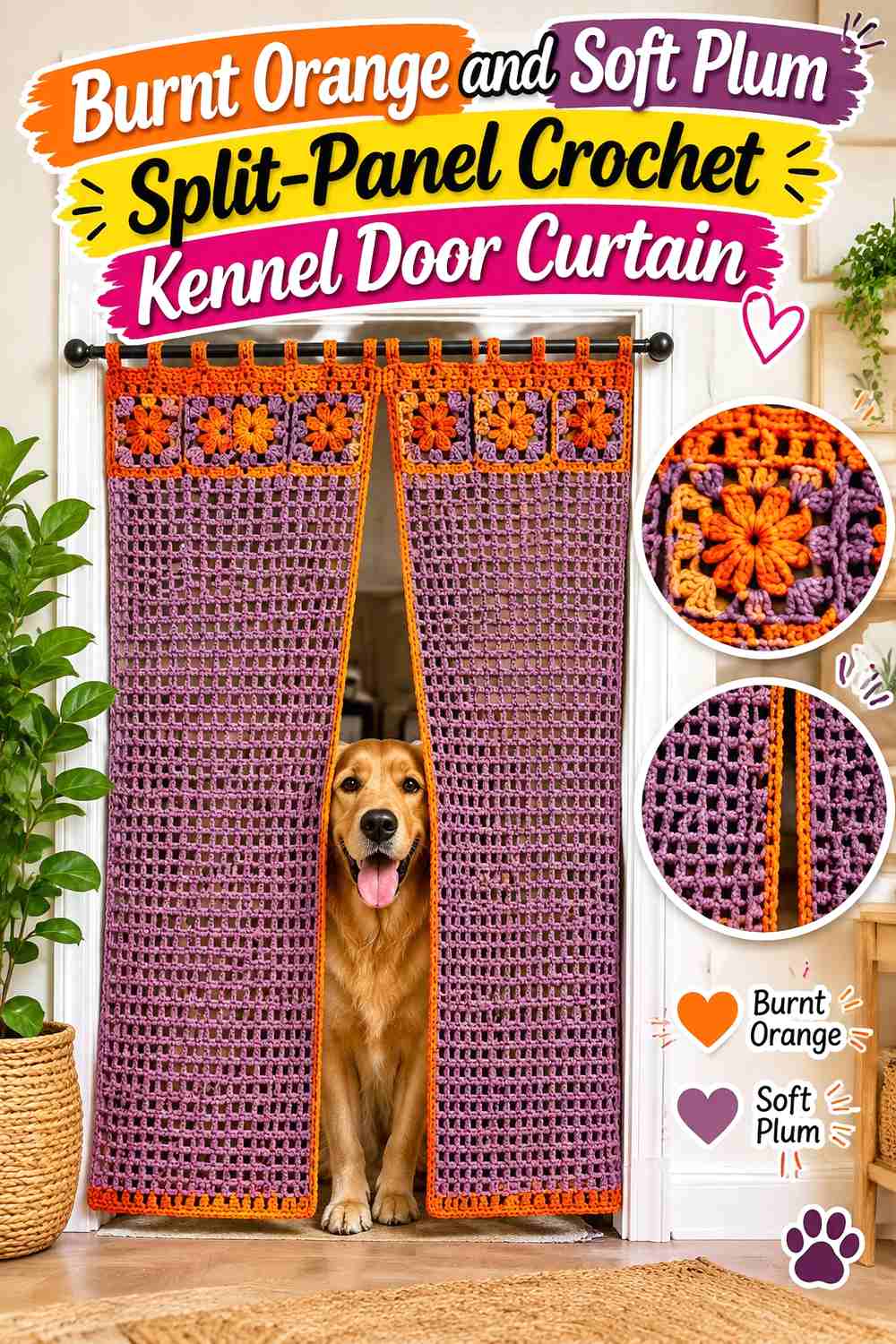 Burnt Orange and Soft Plum Split-Panel Crochet Kennel Door Curtain