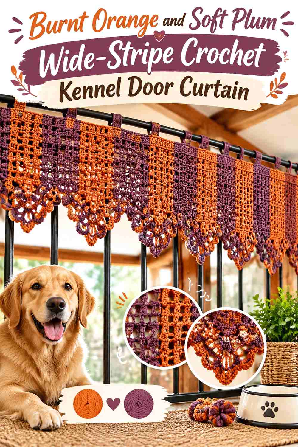 Burnt Orange and Soft Plum Wide-Stripe Crochet Kennel Door Curtain