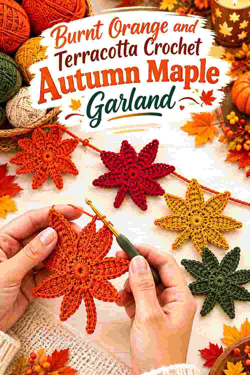 9. Burnt Orange And Terracotta Crochet Autumn Maple Garland