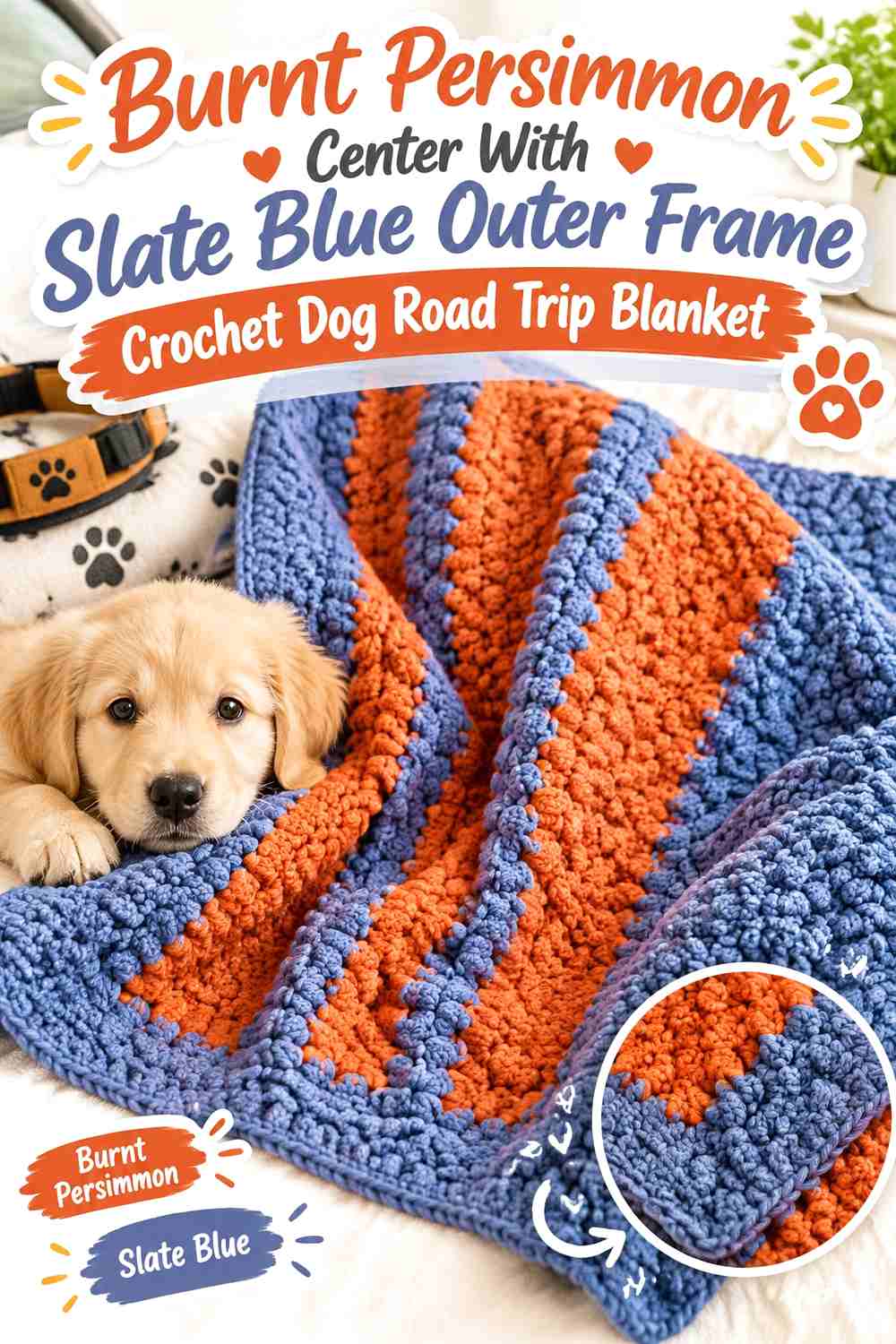 Burnt Persimmon Center With Slate Blue Outer Frame Crochet Dog Road Trip Blanket